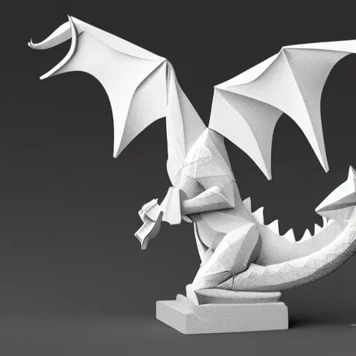 Prompt: dragon figurine, origami, logo vector art, low poly, 3d render, up close, white background, intricate details, folds, 8k