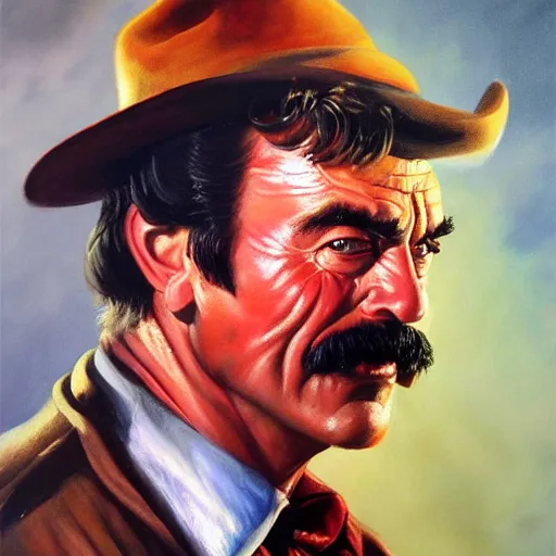 Image similar to ultra realistic portrait painting of tom selleck as freddy krueger, art by frank frazetta, 4 k, ultra realistic, highly detailed, epic lighting