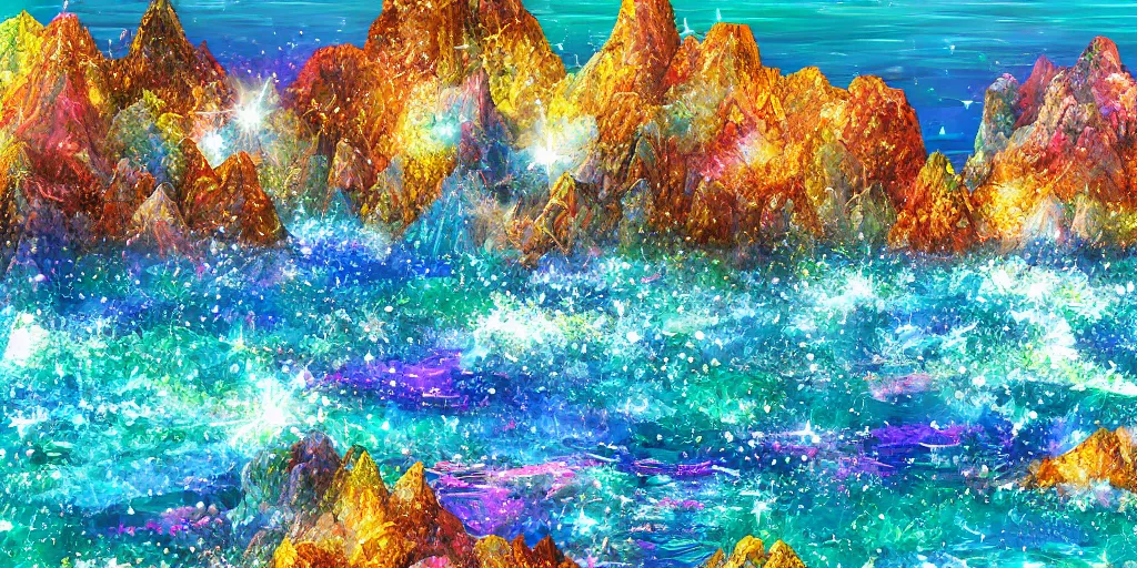 Image similar to glittering multicolored crystal cliffs, viewed from the ocean, high quality digital art,