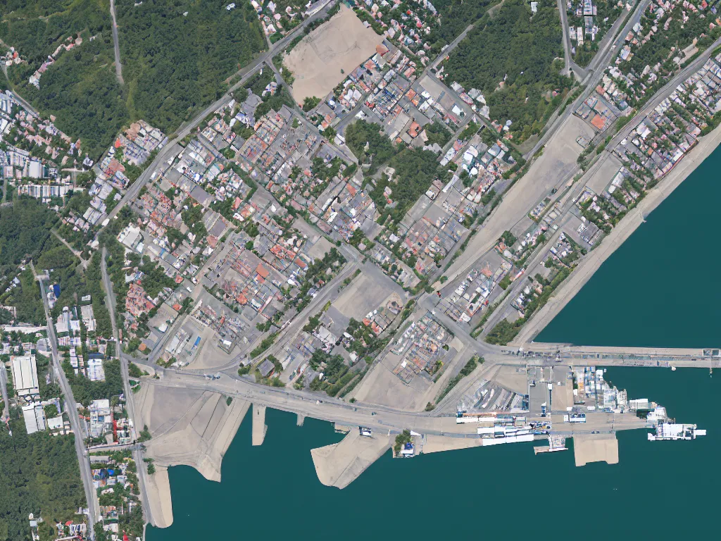 Image similar to satellite imagery of a small city with shops, shipping dock, and beach to the south. a bridge crosses a big lake, with a town hall, marketplace, and towers to the north. there is a field in the middle of the city. small hills and woods north of the city