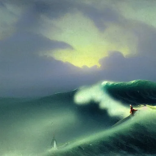 Prompt: a detailed matte painting of a long-haired gnome surfing huge ocean wave on a surfboard, painting by Ivan Aivazovsky