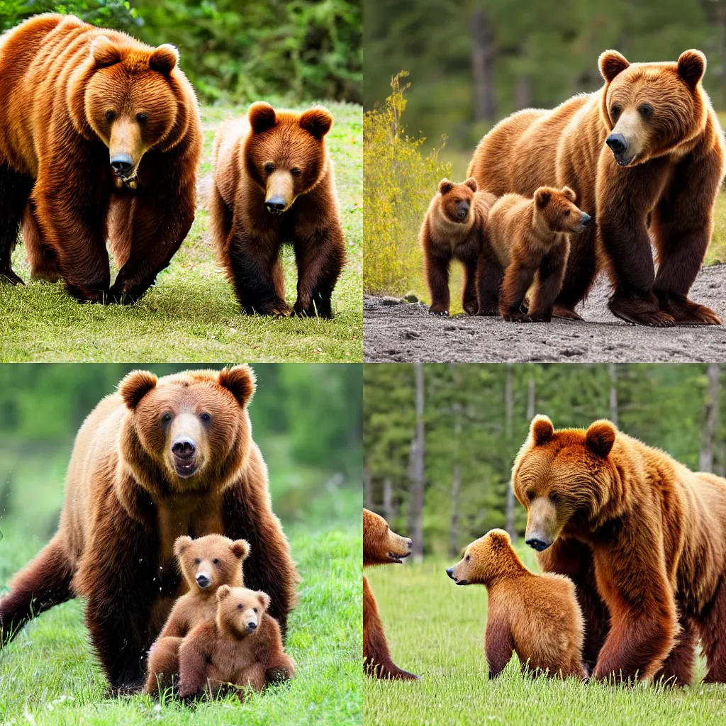 Prompt: Photo of a ginger brown bear family