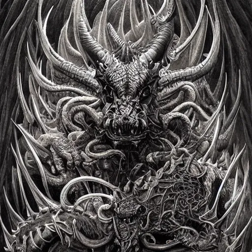 Image similar to a portrait of a dark entropy dragon, detailed, fantasy, scary, realistic, frightening, ornate, horns, spikes, incredible, masterpiece, amazing, wow!, sense of awe, award winning, greg rutowski, bosch, mc escher, dali