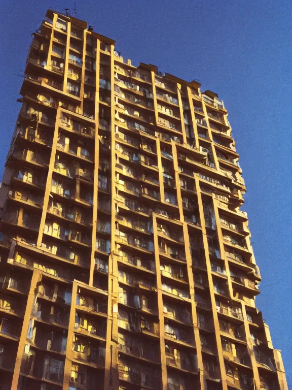 Prompt: photo of a soviet panel residential low height building, extreme wide shot, golden hour, kodak gold 2 0 0, side - view