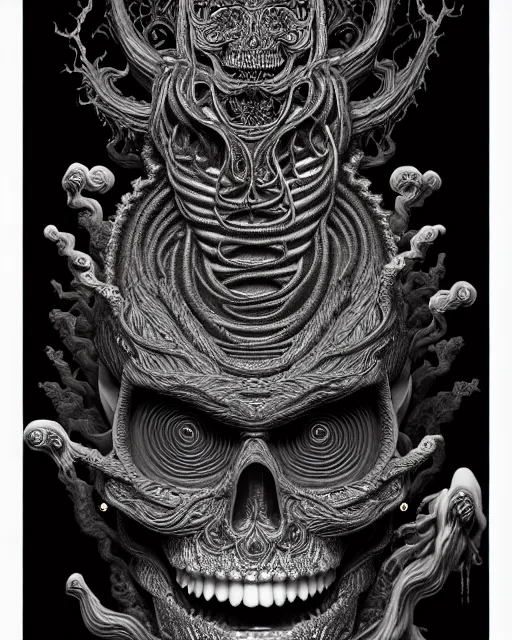 Image similar to 3 d ornate carved dark junji ito with profile portrait, sigma 5 0 0 mm f / 5. beautiful intricate highly detailed quetzalcoatl skull. bioluminescent, plasma, lava, ice, water, wind, creature, thunderstorm! artwork by tooth wu and wlop and beeple and greg rutkowski, 8 k trending on artstation