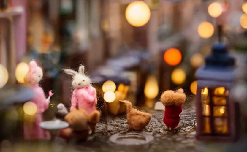 Image similar to miniature cafe diorama macro photography, cafe with felted bunnies, alleyway, ambient, atmospheric, british, cozy, bokeh, romantic, colorful lanterns