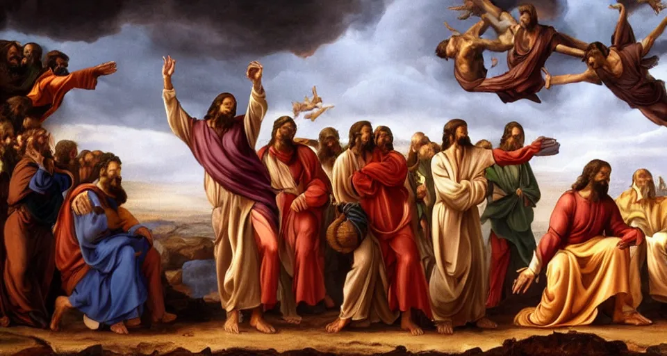 Image similar to jesus dabs in front of the apostles, matte painting, concept art, michaelangelo