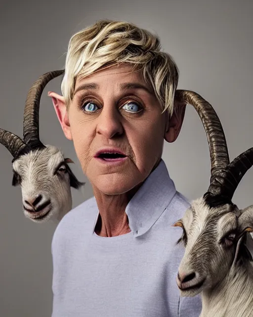 Image similar to angry ellen degeneres as a goat person, she looks like a demonic mythological satyr with yellow goat eyes with horizontal pupils, long goat like ears, and goat horns on her head, 8 k, photo shoot, 9 inch kershaw soft focus lens f / 5. 6 bokek