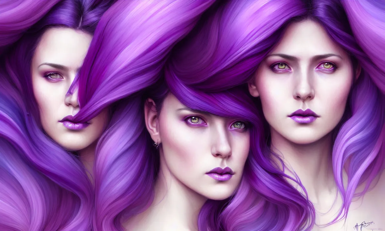 Image similar to Purple hair relistic Portrait of a three woman with bright colored flying hair, all shades of purple. Beauty face, Hair coloring, fantasy, intricate, elegant, highly detailed, digital painting, artstation, concept art, smooth, sharp focus, illustration, art by artgerm and greg rutkowski and alphonse mucha