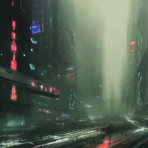 Prompt: futuristic bleak dystopian city military checkpoint, altered carbon, blade runner, ghost in the shell, digital hologram advertisements, pollution, dirty, fog, powerlines, digital art, illustration, vibrant watercolor, wenjun lin, pixiv, artstation, dark cinematic lighting, film grain, volumetric lighting, particles, horror