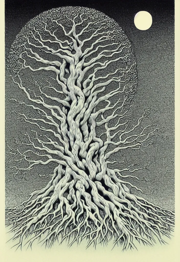 Image similar to prompt: white Bonsai tree roots merging into big moon drawn by Rene Magritte, Japanese woodblock print style, clean ink detailed line drawing, intricate detail, manga 1990