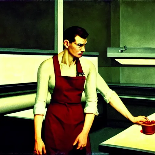 Image similar to the engineer from the movie prometheus, wearing a soiled apron, service shirt order foor in a cyberpunk diner, art by edward hopper, high quality film stock, noir lighting