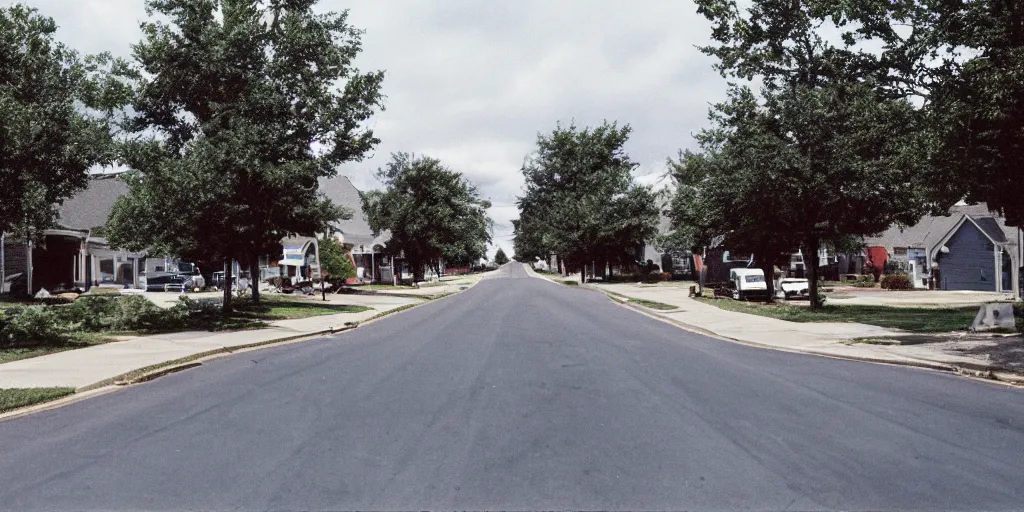 Image similar to a 90s photograph of a american suburban street at afternoon