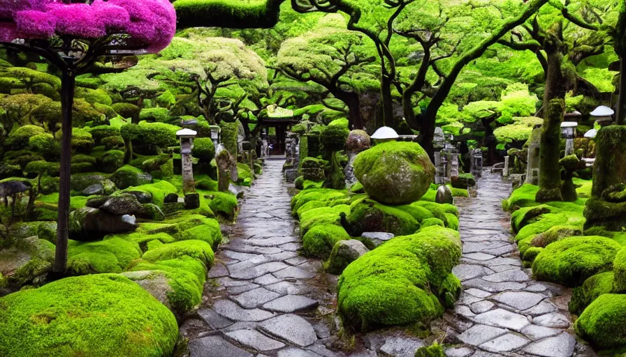 Image similar to A magical dreamy garden in front of a large temple in Kyoto Japan on a rainy day. Moss covered rocks, glowing lanterns, and flowers line a beautiful walking path leading to the temple in the center. Magic sparkles in the air, Style by Gucci and Wes Anderson,