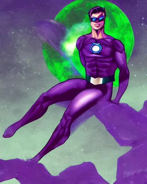 Prompt: Christoper Reeves as a Green Lantern, lounging by an infinity pool, on an alien planet with Purple clouds, concept art, trending on Artstation