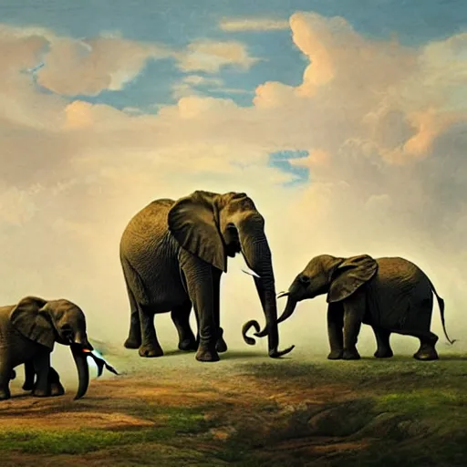 Image similar to three elephants having a cool birthday party, photo, highly detailed