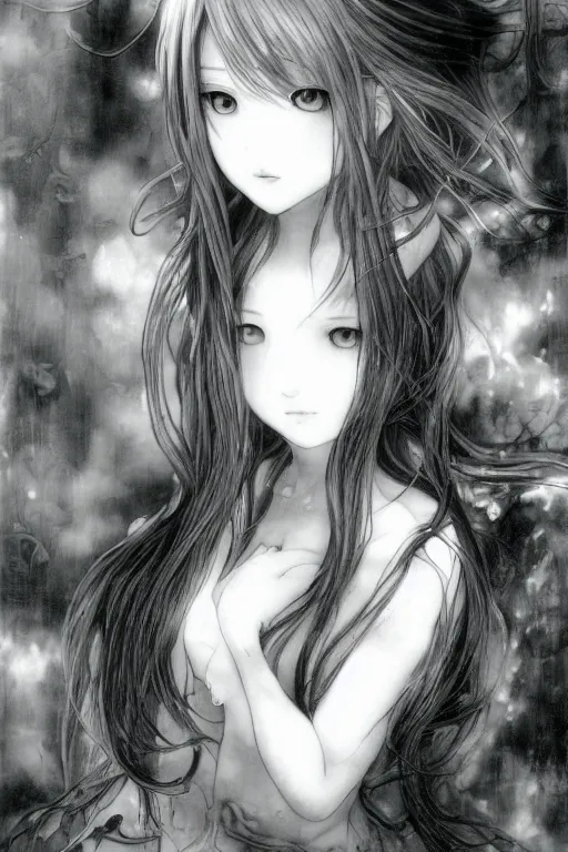 Image similar to a portrait of a character in a scenic environment by Yoshitaka Amano, black and white, dreamy, dark eyes, wavy silver hair, highly detailed