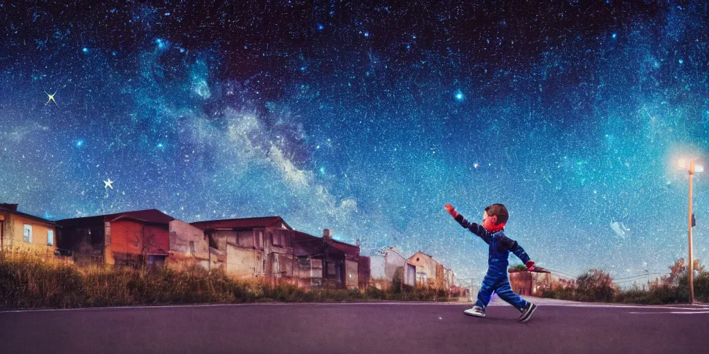 Image similar to color photo of a boy walking down a street in space, sky is full of stars