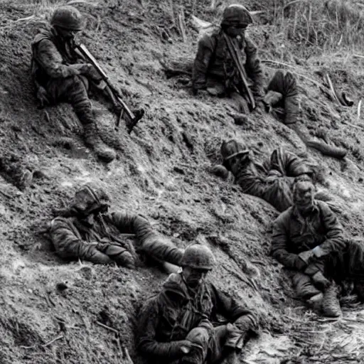 Image similar to Tired and dirty soldiers sitting in a ditch, explosions all around