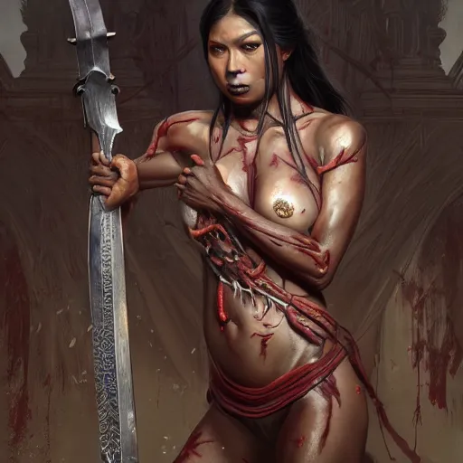 Image similar to wide painting of dark muscular oiled nepali woman, bloody, carrying a sword, symmetric, veins, ultra realistic, concept art, intricate details, eerie, highly detailed, photorealistic, octane render, 8 k, unreal engine. art by artgerm and greg rutkowski and alphonse mucha