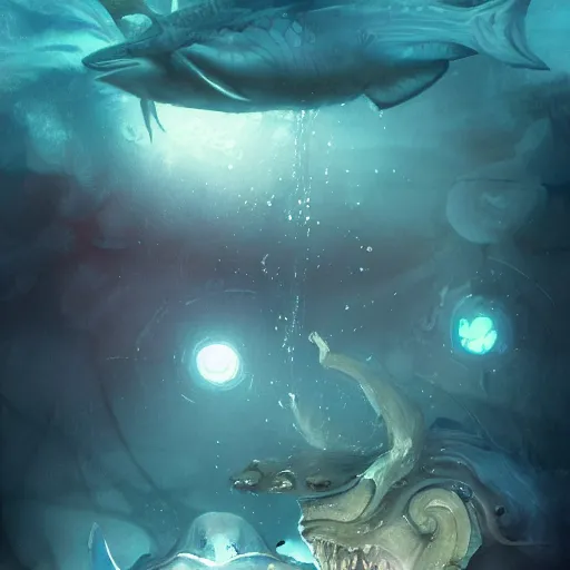 Prompt: a deep sea creature, realistic, digital art, illustration, vibrant watercolor, cold lighting, wenjun lin, reflections, refractions, film grain
