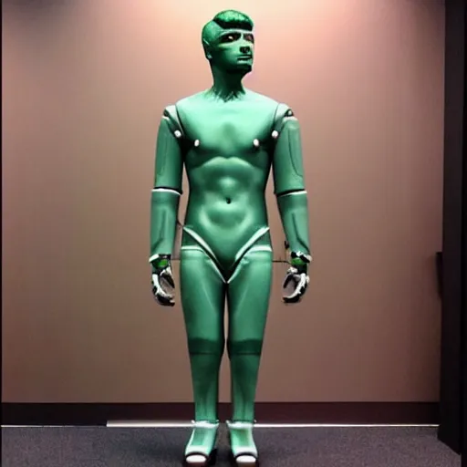 Image similar to “a realistic detailed photo of a guy who is an attractive humanoid who is half robot and half humanoid, who is a male android, American freestyle and folkstyle wrestler from Oklahoma AJ Ferrari, shiny skin, posing like a statue, blank stare, at college, on display”