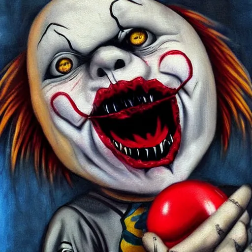 Image similar to grunge cartoon painting of chucky with a wide smile and a red balloon by chris leib, loony toons style, pennywise style, horror theme, detailed, elegant, intricate