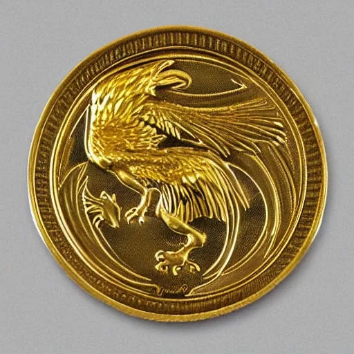 Prompt: a gold coin with a phoenix design `remus 3477`