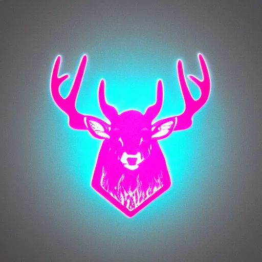 Image similar to logo for science corporation that involves deer head, symmetrical, retro pink synthwave style, retro sci fi