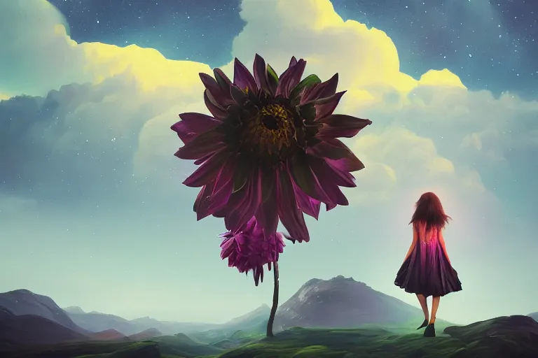 Image similar to giant dahlia flower as a head, girl walking on mountain, surreal photography, stars, dramatic light, impressionist painting, storm clouds, digital painting, artstation, simon stalenhag