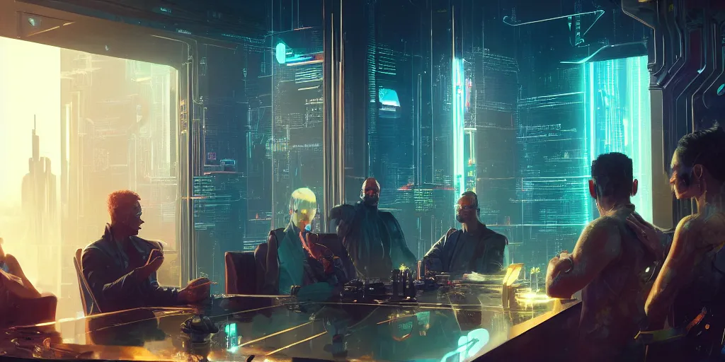 Prompt: six artists having a private meeting in a virtual secured metaverse room, holograms, funtime corporation branding, by greg rutkowski, cyberpunk 2 0 4 8, blade runner 2 0 9 9, 4 k, ominous, elegant, golden ratio, awe inspiring