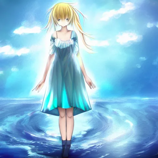 Image similar to advanced digital art a very cute anime girl wearing a dress made of water standing in a crystal lake turning into mist full body