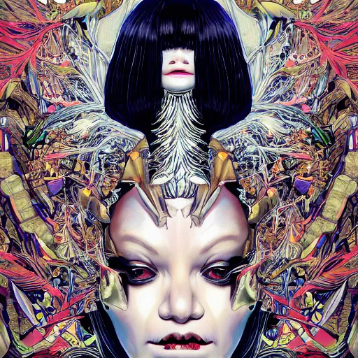 Image similar to portrait of crazy sia kate isobelle furler, symmetrical, glamour, hyper detailed, by yoichi hatakenaka, masamune shirow, josan gonzales and dan mumford, ayami kojima, takato yamamoto, barclay shaw, karol bak, yukito kishiro