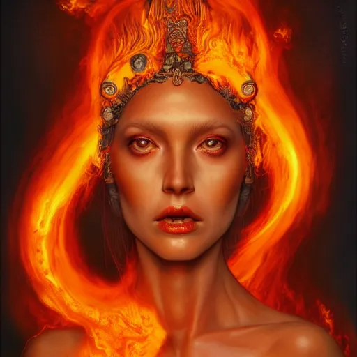 Image similar to A stunning portrait of a goddess with a body engulfed in flames by Jim Burns, 8K UHD, intricate, fantasy, Trending on artstation.