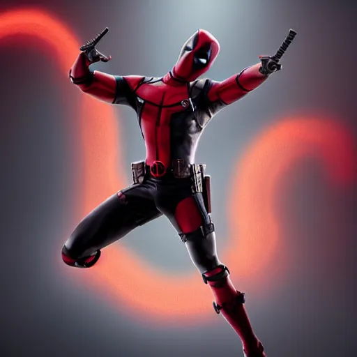 Image similar to full body pose, hyperrealistic photograph of deadpool as a ballerina dancer, dim volumetric lighting, 8 k, octane beautifully detailed render, extremely hyper detailed, intricate, epic composition, cinematic lighting, masterpiece, trending on artstation, very very detailed, stunning, hdr, smooth, sharp focus, high resolution, award, winning photo, dslr, 5 0 mm