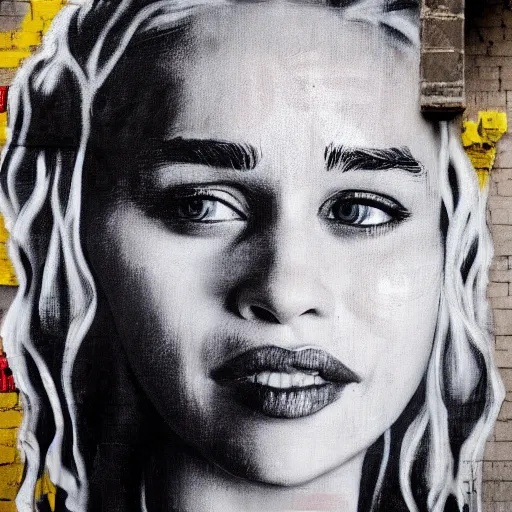 Image similar to Street-art portrait of emilia clarke in style of Banksy, photorealism