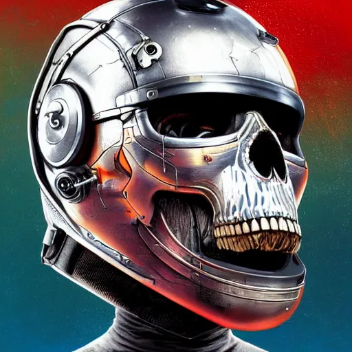 Image similar to a portrait of an cyborg vintage skull in a racing helmet by sandra chevrier, detailed render, epic composition, cybernetics, 4 k realistic, cryengine, realistic shaded lighting, sharp focus, masterpiece, by matteo scalera, gary montalbano, peter elson in the style of the tokyo ghost comic