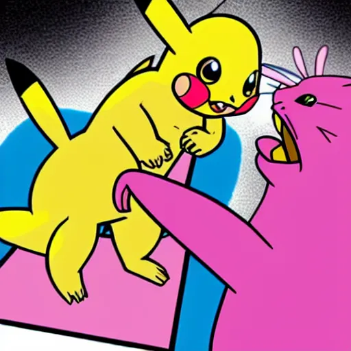 Image similar to Pink panther in a fight with pikachu