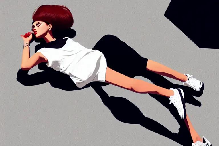 Image similar to a ultradetailed painting of a stylish woman laying on the ground, she is wearing nike air force 1 sneakers, by ilya kuvshinov, trending on artstation