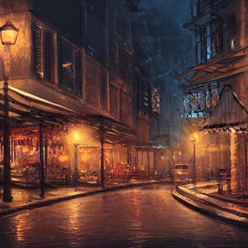 Prompt: a digital painting of a cityscape at night. spring. highly detailed. rustic vibe. artstation.