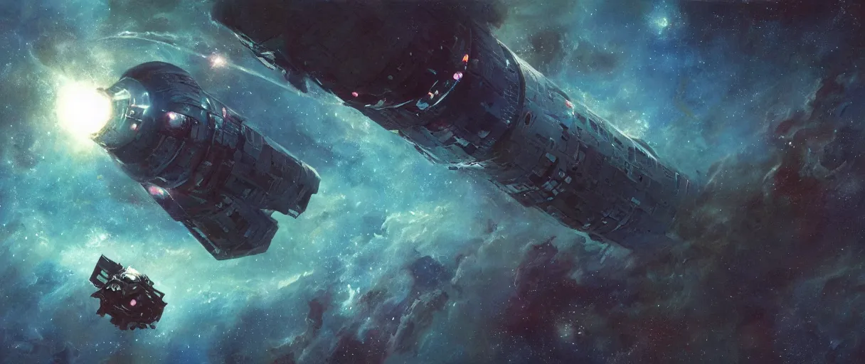 Image similar to concept art, exploration spaceship drifting in space, the expanse tv series, industrial design, immensity, alone in a nebula, space debris, cinematic lighting, low contrast, low saturation, 4k, anthem game inspiration, widescreen ratio, beksinski