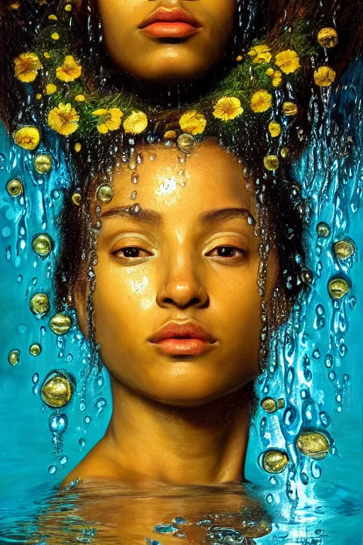 Prompt: hyperrealistic precisionist cinematic profile very expressive! oshun goddess, ophelia in water! john everett millais, mirror dripping droplet!, gold flowers, highly detailed face, digital art masterpiece, smooth eric zener cam de leon, dramatic pearlescent turquoise light on one side, low angle uhd 8 k, shallow depth of field