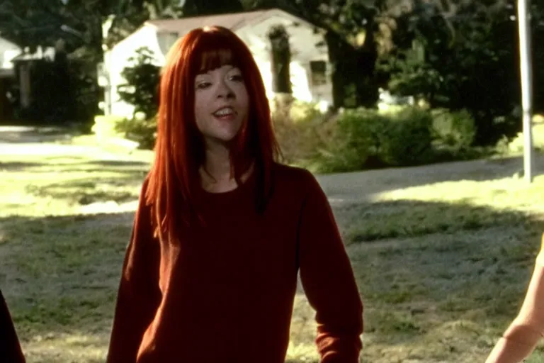 Image similar to screenshot from horror movie, with young alyson hannigan