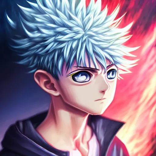 Image similar to killua zoldyck in rossdraws art, with thunderstorms, 8 k, bright colors, detailed face, details, sharp smooth, aykut aydogdu