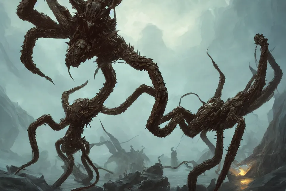 Prompt: fantasy hydra with spider legs, many heads, spider eyes, character art by Greg Rutkowski, 4k digital render