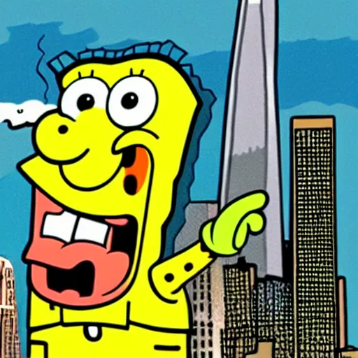 Image similar to giant sized spongebob squarepants destroying the twin towers in new york city