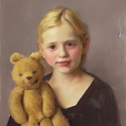 Image similar to “ blonde haired girl holding a stuffed animal, very detailed, oil painting, portrait, dark background, by john singer sargent ”