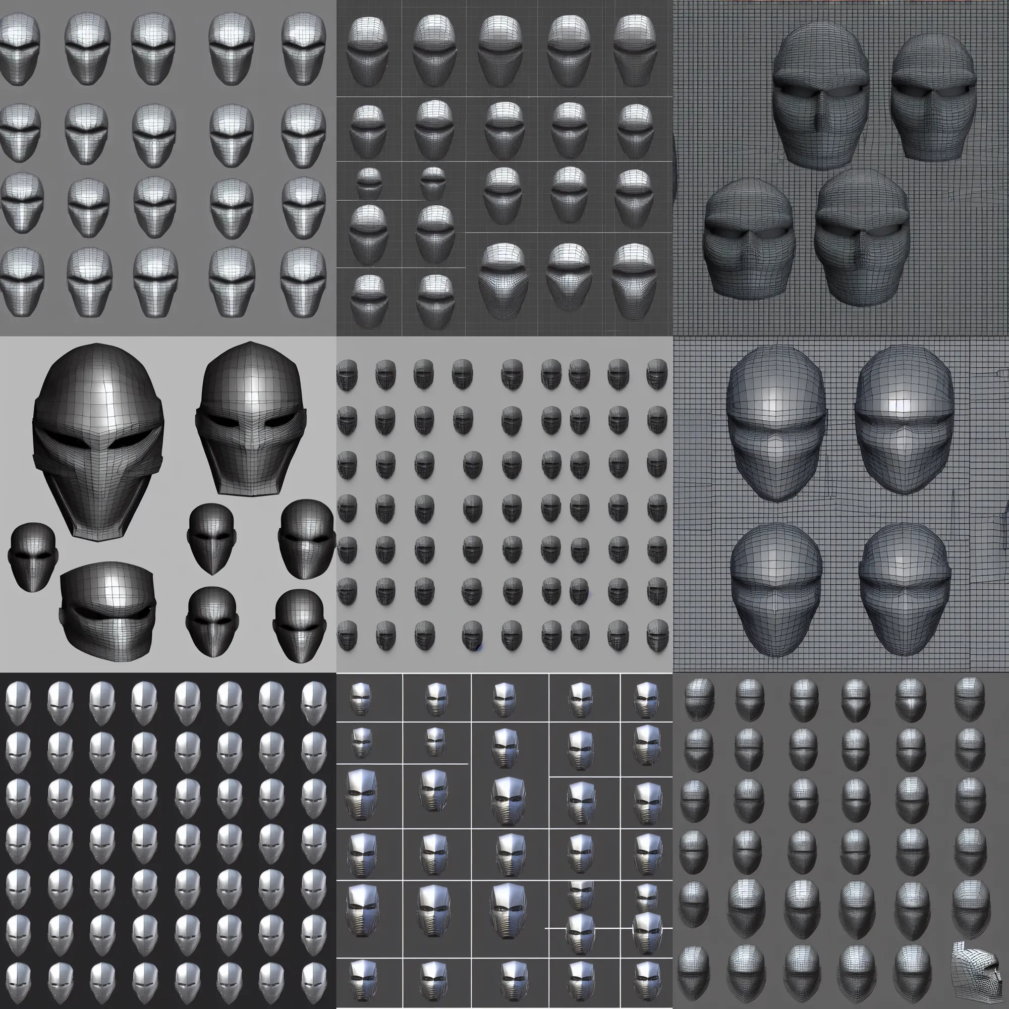 Prompt: a 5 x 5 grid of unique concept designs for a solid plate featureless metallic cylon mask, 3 d render, volumetric lighting, unreal engine, reflective material, intricate texture