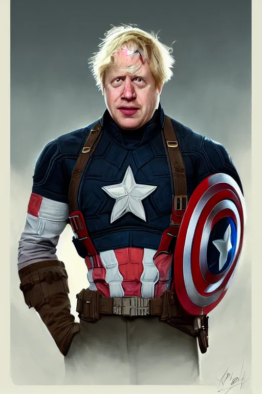Image similar to Boris Johnson as Captain America, realistic portrait, symmetrical, highly detailed, digital painting, artstation, concept art, smooth, sharp focus, illustration, cinematic lighting, art by artgerm and greg rutkowski and alphonse mucha