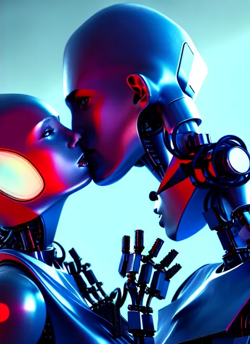 Image similar to ultra realistic, 3 d render, close - up of a beautiful couple of robots kissing, cyberpunk, sci - fi, kodak, flare, octane render, colour led, soft light, volumetric lighting, night, intricate, highly detailed, digital painting, concept art, smooth, sharp focus, rendering, embiased render, art by artstation